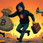 An illustration: A miner wearing a black hoodie with a red "R" emblem holding a large sack full of dirty laundry while running away from an approaching Russian police officer carrying a briefcase labeled 'Regulation' and another one chasing him with a megaphone. In the background, there's a cityscape at sunset with Bitcoin symbols scattered around buildings. The miner is surrounded by coins and money laundering signs are visible on his sack. He has a guilty look on his face while running away from the law enforcement officers who seem to be closing in on him.