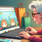 An illustration: A cartoon grandma sits at a computer desk surrounded by shopping bags from online stores; her eyes fixed on the screen as she clicks away. In front of her is an open laptop displaying Telegram's Hamster Kombat game window filled with cute hamsters running and playing, while in another tab cryptocurrency prices are shown fluctuating rapidly. A smartphone lies next to a cup of coffee, its display showing various online shopping apps; grandma holds the phone as she scrolls through them.