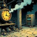 An illustration depicting an old-fashioned clockwork mechanism with gears jammed together as steam escapes through broken pipes; nearby lies discarded coal amidst scattered papers on which various Russian symbols are scribbled, while a faint image of a cryptocurrency mining rig can be seen in the background covered by dust and cobwebs. In contrast to this scene, there is an isolated section where modern computer hardware components glow softly under dim light as they seem to operate smoothly despite being disconnected from their surroundings;