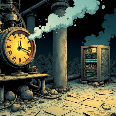 An illustration depicting an old-fashioned clockwork mechanism with gears jammed together as steam escapes through broken pipes; nearby lies discarded coal amidst scattered papers on which various Russian symbols are scribbled, while a faint image of a cryptocurrency mining rig can be seen in the background covered by dust and cobwebs. In contrast to this scene, there is an isolated section where modern computer hardware components glow softly under dim light as they seem to operate smoothly despite being disconnected from their surroundings;