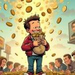 An illustration: A cartoon figure with a sly grin holding a bag full of money while standing in front of a broken piggy bank; he's surrounded by falling coins that are being swept away by an invisible force, leaving only dust behind. The background is filled with scattered memecoins and other cryptocurrency tokens. In the foreground, several celebrities' faces appear to be erased or scratched out from various advertisements and billboards. A faint image of a banned sign can be seen on one side, while another billboard displays a " Sold Out" notice in bold letters.