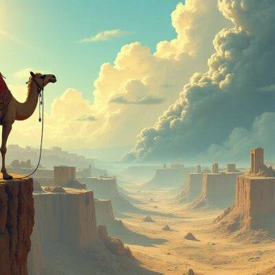 An illustration of an Arabian camel standing at the edge of a cliff overlooking a valley below with several buildings in various stages of construction. The camel is looking down into the distance while its front legs are spread wide as if it's about to jump or fall off the cliff. In the background, there are clouds and sun rays shining through them but also some dark stormy weather looming on the horizon. At the bottom of the valley below, several buildings appear in various stages of construction with a few already completed while others seem abandoned or partially destroyed.