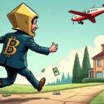 An illustration: A cartoonish figure with a diamond-shaped helmet on his head is shown running away while holding a briefcase full of money and surrounded by dollar signs; in the background, there's an image of a mansion with a red "X" marked through it. The figure has a faint Bitclout logo (a stylized letter 'B') emblazoned on its back. A small airplane is flying away from him carrying another briefcase full of money and cash gifts for family members are scattered around the ground, while in the sky there's an image of the SEC seal with a red "X" marked through it as well;