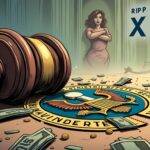 An illustration of a judge's gavel lying on its side with broken pieces scattered around it; in front of them lies an SEC logo which is torn apart by two opposing arrows. In the background there are falling coins representing money while Ripple and XRP logos float above, seemingly unaffected by the chaos below. A faint image of Judge Analisa Torres can be seen at a distance looking down on the scene with her arms crossed in disapproval. The overall atmosphere conveys a sense of defeat for the SEC amidst financial penalties imposed upon them.