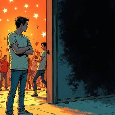 An illustration of an adult standing at the entrance of a wild party with arms crossed while looking sternly inside; people dancing wildly out of control in the background; one person is shown crashing to the ground. The adult's foot is raised as if about to step into the room, but hesitates mid-air. In contrast, another illustration shows an empty space next to it where a child would be expected, with only darkness and shadows present. A faint image of a parent or guardian can be seen in the distance watching over from afar through a window.