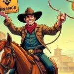 An illustration of a cowboy riding into town on horseback, with his hat tipped back and a confident grin spreading across his face as he looks out at the viewer. In one hand, he holds up a wanted poster featuring Binance's logo; in the other, he wields a lasso that has just snagged onto an unregistered crypto asset floating through the air above him. The town behind him is depicted with various buildings and signs bearing cryptic symbols and abbreviations related to finance and trading.