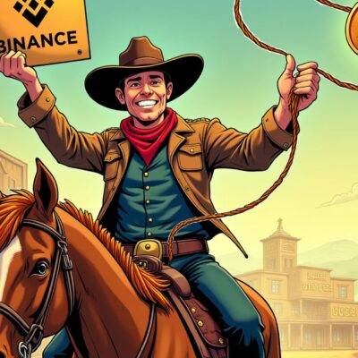 An illustration of a cowboy riding into town on horseback, with his hat tipped back and a confident grin spreading across his face as he looks out at the viewer. In one hand, he holds up a wanted poster featuring Binance's logo; in the other, he wields a lasso that has just snagged onto an unregistered crypto asset floating through the air above him. The town behind him is depicted with various buildings and signs bearing cryptic symbols and abbreviations related to finance and trading.