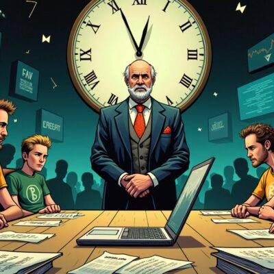 An illustration of an old-fashioned farmer in a suit and tie standing on one side of a large table with his hands clasped behind him, looking at a group of confused-looking hipsters wearing bitcoin t-shirts sitting across from him. The background is filled with cryptic symbols and computer screens displaying confusing financial data. A giant clock hangs above the scene showing 12:00 PM. In the foreground, there are scattered papers labeled "Regulation" and "Oversight". On top of a nearby stack of books lies an open laptop displaying a graph that looks like it's about to crash.