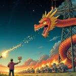 An illustration of a large Chinese dragon wrapped around an American power grid tower with sparks flying off its scales as it chokes on smoke and flames from burning crypto mining equipment in the background, while a U.S. Senator stands at the base looking concerned and holding up a "Regulate" sign. In the foreground, a group of smaller dragons representing foreign-owned cryptocurrency facilities are being chased away by an American eagle with a torch. The illustration is set against a dark blue sky filled with stars and clouds.