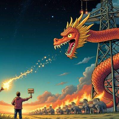 An illustration of a large Chinese dragon wrapped around an American power grid tower with sparks flying off its scales as it chokes on smoke and flames from burning crypto mining equipment in the background, while a U.S. Senator stands at the base looking concerned and holding up a "Regulate" sign. In the foreground, a group of smaller dragons representing foreign-owned cryptocurrency facilities are being chased away by an American eagle with a torch. The illustration is set against a dark blue sky filled with stars and clouds.