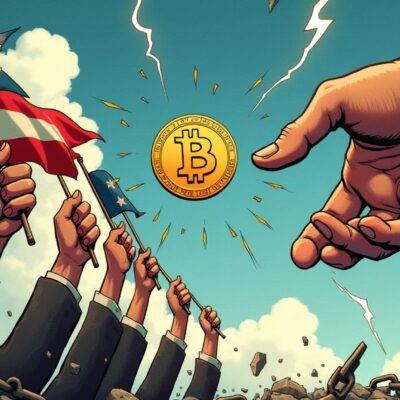 An illustration of a giant hand holding back seven smaller hands each with different state flags on their wrists as they try to reach for something in the distance while one large flag labeled "SEC" is shown pushing forward. The scene takes place amidst clouds and lightning bolts, conveying conflict and power struggle. In the background, there are broken chains and shattered glass representing resistance against authority. A stylized image of a cryptocurrency symbol (e.g., Bitcoin) floats above the chaos as if it's being protected by the smaller hands from the SEC hand trying to grasp it.