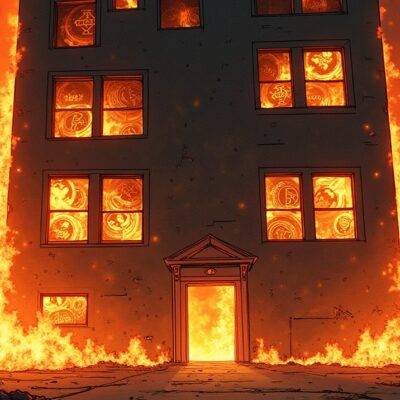 An illustration: A burning building with flames engulfing it from all sides; a figure in the distance running away as if trying to escape. The building's windows show images of cryptocurrency coins falling through them like raindrops. In one window, an image of FTX is visible amidst the chaos. Smoke and fire surround everything else. At the bottom left corner lies a pile of ashes with 'SilverGate' written in it. A faint outline of Alan Lane can be seen running away from the building at top right distance.