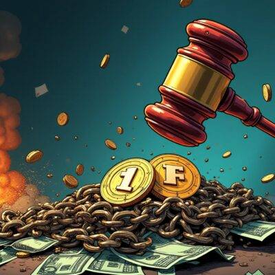An illustration of a judge's gavel striking two coins on top of a pile of money with broken chains in the background as Fantom Foundation Ltd.'s logo rises from the wreckage amidst scattered FTM tokens. A faint image of Multichain Bridge is visible at the bottom left corner, partially destroyed by flames and smoke. The overall atmosphere conveys a sense of justice being served while emphasizing the consequences for those who failed to deliver on their promises in crypto land.