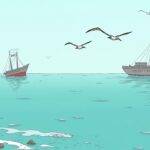 An illustration: A cartoon character is shown standing alone on a cliff overlooking an ocean with two boats sailing away into the distance; one boat has 'Intel' written across it while the other says 'Softbank'. The character looks relieved, holding onto their hat as wind blows through. In the background, there's a faint image of another ship sinking beneath the waves labeled only by its outline and shape. A few seagulls fly overhead with some debris floating in the water below.