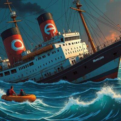 An illustration of a sinking ship with Solana's logo on its side in the water below it; surrounded by waves labeled as "Memecoins" that are receding away from the vessel. A Bitcoin ETP life raft floats nearby while other ships (altcoin funds) sail safely in the distance, undisturbed by the turmoil. The background is a darkening sky with clouds of dust and debris rising up into it; an image of a declining stock market ticker tape can be seen on one side of the illustration. A faint outline of a cryptocurrency chart pattern forms above the shipwreck scene.