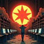 An illustration of a Solana logo, surrounded by cobwebs in an abandoned store room with old computer screens displaying "Solana ETF" on them; nearby shelves are empty and dusty while Bitcoin and Ethereum logos shine brightly from across the aisle. In one corner, a solitary investor is seen walking away holding their head in despair as they glance back at the Solana logo. The background of the illustration features an eerie sunset with dark clouds looming over it. A faint image of BlackRock's logo can be spotted on a distant shelf covered by dust and cobwebs.