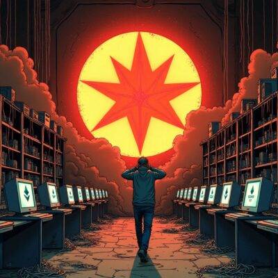 An illustration of a Solana logo, surrounded by cobwebs in an abandoned store room with old computer screens displaying "Solana ETF" on them; nearby shelves are empty and dusty while Bitcoin and Ethereum logos shine brightly from across the aisle. In one corner, a solitary investor is seen walking away holding their head in despair as they glance back at the Solana logo. The background of the illustration features an eerie sunset with dark clouds looming over it. A faint image of BlackRock's logo can be spotted on a distant shelf covered by dust and cobwebs.