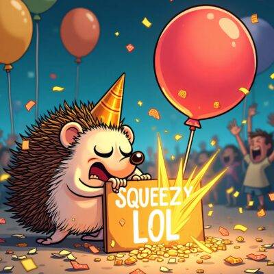 An illustration: A cartoon hedgehog wearing a party hat is being squeezed by an invisible force from behind while desperately trying to hold onto a balloon that has already started popping and releasing confetti everywhere; in the background there are several other balloons with different memecoin logos on them, some of which have also popped. The scene takes place at night under bright lights with people cheering around it. In front of the hedgehog is a big sign reading "SQUEEZY LOL" while above it another one reads "NEW ERA OF PVP".