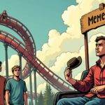 An illustration of a rollercoaster with steep drops and sharp turns in the background while at the front there's an empty seat on one side but filled by a person holding onto their hat for dear life, as if they're about to fall off; above them is a sign that reads "Memecoin" with multiple arrows pointing towards it. In the foreground are two people standing next to each other looking worried and unsure of what's happening around them while one holds up an empty wallet in despair.