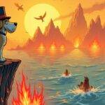 An illustration of a cartoon dog wearing a top hat standing on a cliff overlooking a sea of flames with a price chart in the background showing a sharp decline, while another dog is seen falling into the distance below; above them, three peaks are visible forming an inverted head-and-shoulders pattern