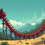 An illustration of a rollercoaster with steep drops and slow climbs on a track that represents price fluctuations. The coaster car is shown stuck between two hills at an inflection point where it could either continue to climb or drop back down. A few loose coins are scattered around the base of one hill, symbolizing lost momentum. In the background, there's a faint image of a chart with lines and waves that resemble Elliot wave theory patterns. The overall atmosphere is tense, reflecting the uncertainty in Solana's price action.