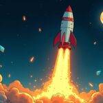 An illustration of a rocket ship blasting off into space with flames engulfing its base. The rocket is labeled as 'Solana' and has an arrow pointing upwards towards the moon while several smaller rockets are shown falling back to earth, some exploding in mid-air. In the background, there's a faint image of Ethereum layer-2 solutions represented by tiny stars shining brightly but not quite reaching Solana's trajectory. The overall atmosphere is one of excitement mixed with caution as the rocket ship soars higher into space.