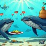 An illustration of a whale with an empty wallet and avocado toast on its plate being taken away from under its nose while another whale in the background holds onto a large stack of money bags looking satisfied. The scene takes place underwater near some Solana coins floating around, one coin has been caught by a fish that is swimming away holding it tight. In the distance there are several whales selling tokens on Coinbase and Binance exchanges with big red "Sold" signs above them while another whale buys Ethereum at OKX exchange with a green "Bought" sign over its head.
