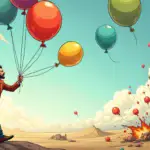 A cartoonish illustration of a person frantically holding onto balloons while they float away into the sky, representing lost opportunities; in the background, a few successful tokens are shown rising upwards amidst chaos and destruction.