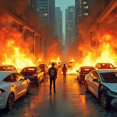 An illustration of an underground parking lot filled with electric cars on fire; flames engulfing the vehicles as smoke billows out and people in apartments above look down at the scene through windows. In the background, a cityscape is visible under heavy haze from the fires. A few firefighters are shown trying to put out the blaze but struggling due to malfunctioning equipment such as sprinklers not working properly. The illustration depicts chaos with cars destroyed or damaged beyond recognition and only metal frames remaining.