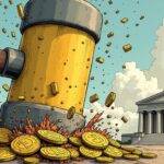 An illustration of a large hammer with multiple faces on its head each representing different risks (operational, technological, market trading) smashing into a pile of coins labeled as stablecoins while in the background there is an image of traditional banking regulations being blown away by strong winds. The scene depicts chaos and destruction but also hints at renewal through the use of broken pieces forming new shapes resembling building blocks for better regulation.