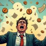 An illustration of a stressed-looking businessman surrounded by financial charts falling from the sky and digital tokens floating away in opposite directions as he desperately tries to catch them while being bombarded by incoming papers with dollar signs flying at him; his face is pale and sweaty. In the background, an image of State Street's logo can be seen on top of a crumbling building amidst chaos and destruction caused by financial turmoil.