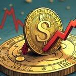 An illustration of State Street's logo being wrapped around a token with an arrow pointing upwards in a rising stock graph background while its competitor is shown falling down. The scene takes place on top of a large coin, symbolizing assets under custody/administration ($44.3 trillion). A subtle blockchain pattern can be seen at the bottom to represent digital asset infrastructure and connectivity.