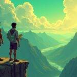 An illustration depicting three figures standing on top of a cliff overlooking an economic landscape below with mountains and valleys representing market fluctuations, one figure holding SUI tokens in hand while another holds HNT coins and the third has ZEC notes wrapped around their arm; all are looking out towards the horizon as if watching something unfold. The sky above is painted with hues of green signifying growth amidst a backdrop of dark clouds hinting at potential turmoil below.