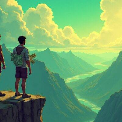 An illustration depicting three figures standing on top of a cliff overlooking an economic landscape below with mountains and valleys representing market fluctuations, one figure holding SUI tokens in hand while another holds HNT coins and the third has ZEC notes wrapped around their arm; all are looking out towards the horizon as if watching something unfold. The sky above is painted with hues of green signifying growth amidst a backdrop of dark clouds hinting at potential turmoil below.