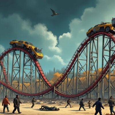 An illustration of a rollercoaster with steep drops and sharp turns, its cars derailed from tracks in various places; nearby buildings are damaged or destroyed by debris; people running away screaming as others lie injured on the ground. In the background, dark stormy clouds loom over an autumnal landscape where trees have lost their leaves. A faint image of a calendar page showing September can be seen at top left corner with red X's marked through several days indicating missed deadlines or failed predictions;