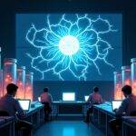 An illustration of a futuristic laboratory filled with rows of glowing jars containing swirling clouds of neurons and synapses. In the center of the room, a large screen displays a live feed of an AI model being trained by scientists who are feeding it dopamine rewards through tiny pipettes while monitoring its progress on laptops.