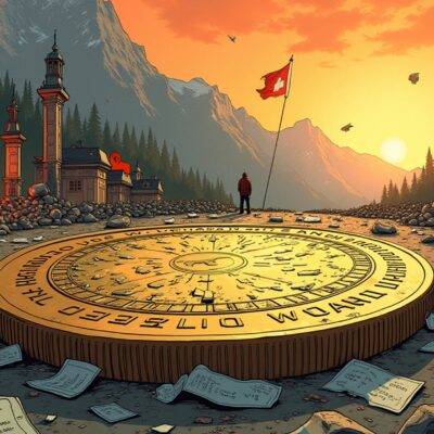 An illustration of Switzerland in crisis: A giant coin lies shattered on the ground amidst chaos and destruction; flames engulf buildings as people run for their lives; Swiss flags are torn apart; money pours out from broken banks while a lone figure stands atop a mountain, looking down at the devastation below. In the distance, a faint outline of FINMA's logo can be seen in the smoke. The coin is surrounded by scattered papers with cryptic symbols and codes written on them.