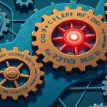 An illustration of a clockwork gear system with gears labeled as 'Chainlink', 'Synthetix' and 'Arbitrum'. A central gear is highlighted in red. The background features an image of Ethereum's blockchain structure overlaid on top of the Arbitrum network architecture, both depicted in blue lines. In the foreground, several data streams are shown flowing from Chainlink into Synthetix with a speedometer indicating high frequency and low latency. At the bottom left corner is an arrow pointing upwards towards the highlighted central gear.