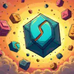 A cartoon Synthetix logo is shown with multiple tokens floating around it, each one being accepted as collateral by the platform's derivatives market. The tokens are depicted as different colored blocks or coins that are all connected to the central Synthetix symbol.