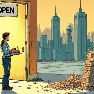 An illustration of two people standing in front of a large door with an open sign above it; one person is holding a tray with food and drinks while the other looks hesitant, glancing back at something behind them. The background shows a cityscape with several buildings labeled as "Web3" companies but they are all empty except for one that has people working inside. A small plane flies away from another building in the distance. In the foreground, there is an image of a blockchain-like structure being dismantled by two workers using wrecking balls and sledgehammers.