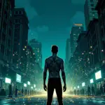 A tattooed figure stands alone on a darkened city street at night, surrounded by glowing screens that seem to be watching them from every direction. The air is filled with tiny sparks as if the very fabric of digital identity has been torn apart, leaving only fragments and shadows in its wake.