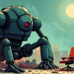 An illustration of a giant robot with its arms and legs broken down into pieces on the ground, surrounded by scattered gears and wires; nearby is an empty chair where once stood one of the 'Magnificent Seven' tech giants logos now shattered to pieces in the background are other company's logos still standing but fading away. The overall atmosphere conveys a sense of decline and loss of momentum with broken machinery elements symbolizing disappointment among investors, while also hinting at potential consequences for Bitcoin prices due to another possible downturn in these prominent stocks.