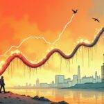An illustration: A falling graph line intersects an arrow pointing down into the ground; next to it is another rising graph line intersecting an upward-pointing arrow. The two lines are connected by wavy curves that resemble waves or ripples on water with a few lightning bolts and sparks in between, symbolizing change and energy. In the background there's a faint image of a factory building under construction while some computers and machinery can be seen being transported to it;