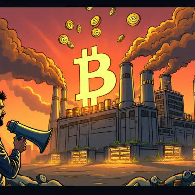 A cartoonish illustration depicting a giant bitcoin mining facility with smokestacks and flashing lights spewing out coins labeled 'BTC' into the air. In the background, seven corporate logos (Alphabet, Amazon, Apple, Meta, Microsoft, Nvidia, Tesla) are shown as silhouettes, while in the foreground, Nazar Khan is seen holding a megaphone, surrounded by dollar signs and energy bars.