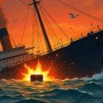 An illustration of a sinking ship with its hull cracked open revealing an empty treasure chest at its center; flames engulfing part of the vessel's stern while smoke billows out from other areas; debris scattered across the water around it. In the background, a faint outline of a cityscape can be seen through the haze and darkness. The sky above is painted with hues of orange-red as if reflecting the intense heat emanating from the shipwreck. A few seagulls fly overhead in distress amidst the chaos below; their silhouettes stark against the fiery backdrop.