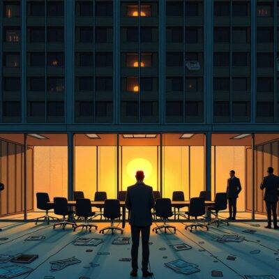 An illustration: A large company building with many windows stands tall amidst a cityscape at sunset. The sky above it turns dark as clouds gather but inside the office lights shine bright. In contrast to its grandeur outside, an empty conference room lies within where only one person sits behind a long table surrounded by vacant chairs and papers scattered about. A lone figure in a suit walks down a hallway with no other people around while others stand at windows looking out into space as if lost in thought.