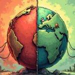 An illustration of a globe divided into two halves by the UAE border line with one half filled in red to represent instability while the other is green representing stability as Tether's new stablecoin pegged to AED flows from left to right through pipes connecting both sides, symbolizing economic balance and growth amidst currency fluctuations.
