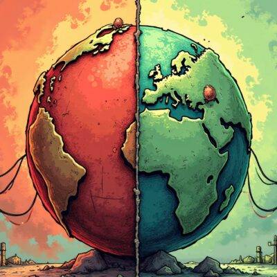 An illustration of a globe divided into two halves by the UAE border line with one half filled in red to represent instability while the other is green representing stability as Tether's new stablecoin pegged to AED flows from left to right through pipes connecting both sides, symbolizing economic balance and growth amidst currency fluctuations.