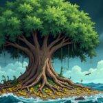 An illustration of a giant money tree growing on an island surrounded by stormy seas and dark clouds; its roots are tangled around a Tron logo while USDT tokens spill out from cracks in the trunk like water overflowing from broken pipes; nearby, Tether's CEO Paolo Ardoino is shown holding a watering can pouring more coins into the tree. In the background, an Ethereum network symbol appears as a faint outline of another money tree struggling to grow amidst withering leaves and dry branches.