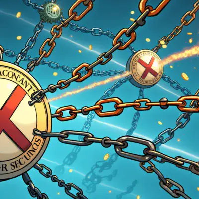 An illustration of a blockchain network with multiple chains branching out, but one chain (Tether) remains detached from the rest. The disconnected chain has an 'X' marked through it, while other chains are labeled as 'commoditized'. In the background, coins and transactions flow smoothly between the connected blockchains.